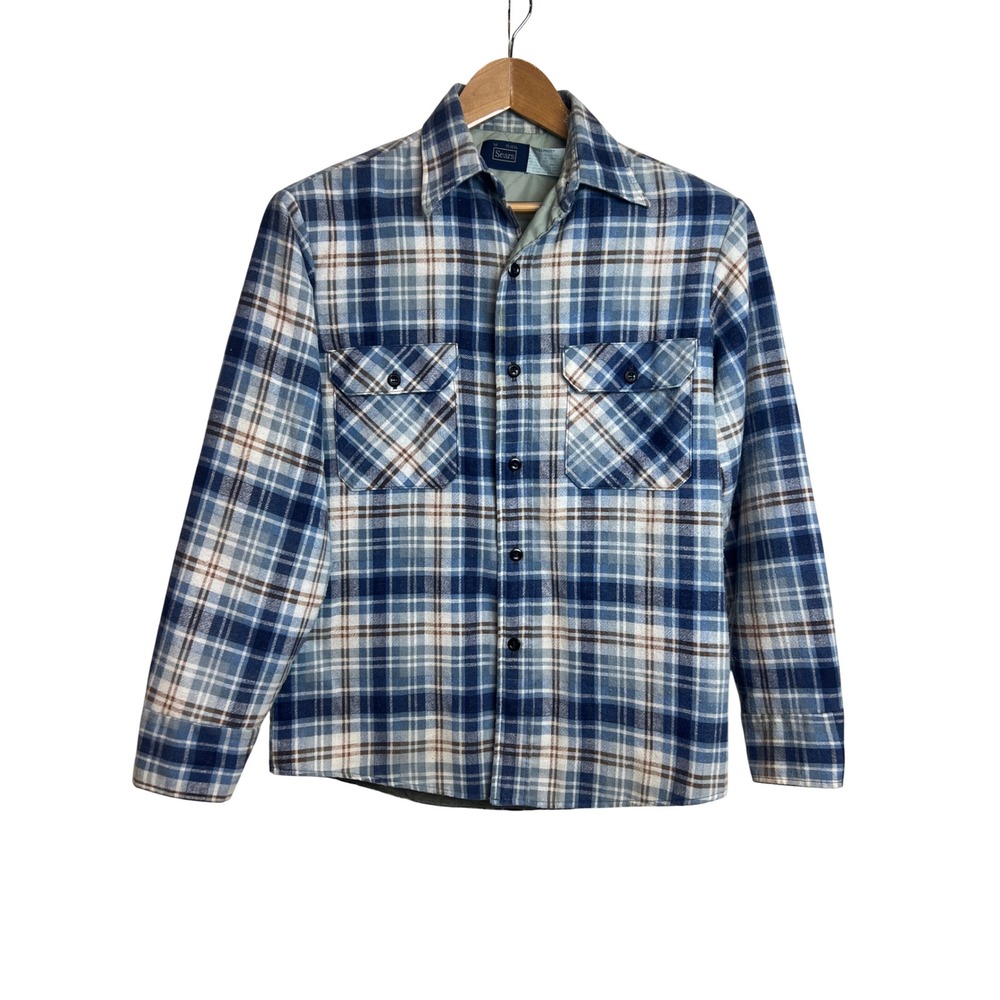 Vintage Sears Perma-Prest Flannel 70s Shirt M USA Quilted Lined Blue Plaid G30
